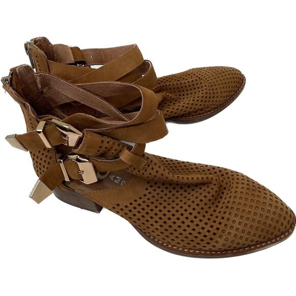 Jeffrey Campbell Everly Tan Suede Perforated Cut Out Strappy Ankle Boots 7 - Picture 10 of 11